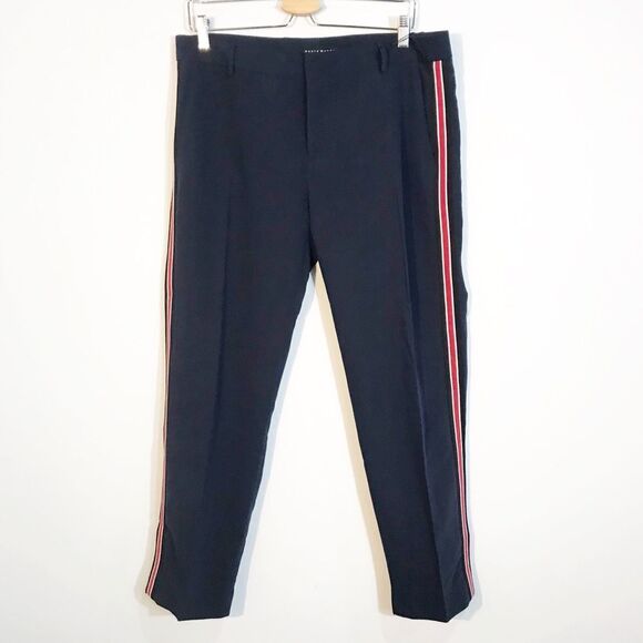 HAUTE MONDE Slim Cropped Navy Pants With Red Side Stripe - Picture 1 of 8
